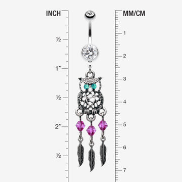 Detail View 1 of Guardian Owl Dreamcatcher Belly Button Ring-Clear Gem